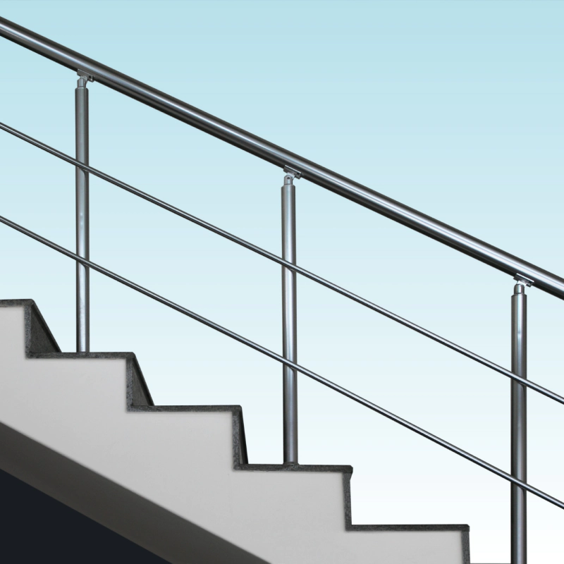platinum handrails on grey stairs